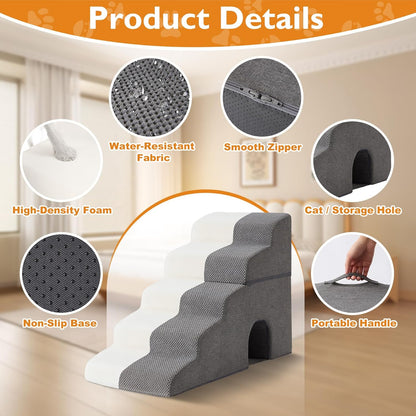 Dog Stairs for Bed 23’’ H, 5-Step Dog Steps for High Bed, Foldable Pet Stairs for Small Dogs and Cats to Get on Beds, Couch, Non-Slip Balanced Pet Steps and Ramp with Waterproof Cover, Grey