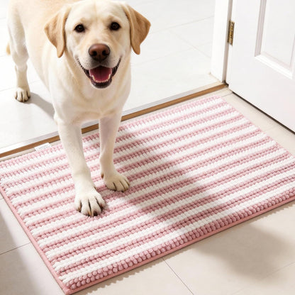 pobopobo Dog Door Mat for Muddy Paws - Absorbent & Washable Chenille Rug, Non-Slip Dirt Trapper for Indoor Outdoor Entryway, Quick Dry Pet Mat for Muddy Dogs (Striped Gray-Blue&White, 24" x 16")