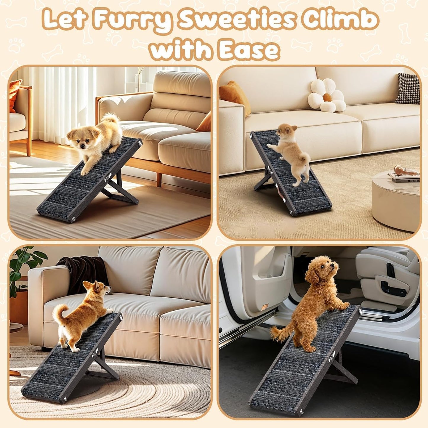 Pawaboo Foldable Dog Ramp, Small Dog Ramp for Couch, 4 Adjustable Height from 13'' to 21", Stable Pet Steps with Non-Slip Pad, Portable Pet Ramps Use for Couch Sofa Stairs, Wood
