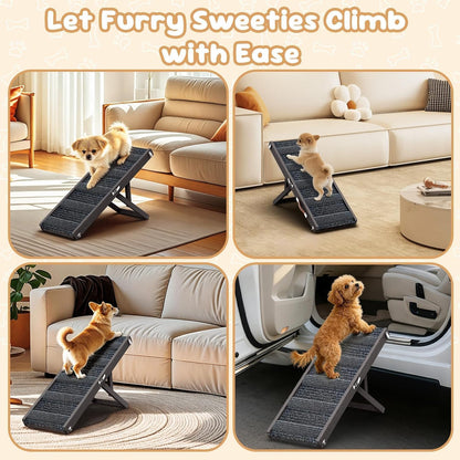 Pawaboo Foldable Dog Ramp, Small Dog Ramp for Couch, 4 Adjustable Height from 13'' to 21", Stable Pet Steps with Non-Slip Pad, Portable Pet Ramps Use for Couch Sofa Stairs, Wood