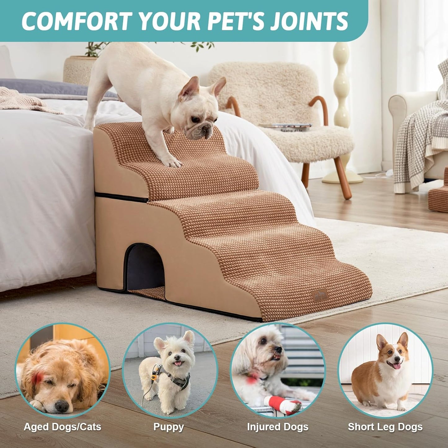 COZY KISS Extra Wide Dog Stairs with Tunnel, Foam Detachable Large Dog Step for Small Pet, Puppy or Cats, Medium Pet Ramp for High Bed, Couch, Sofa or Car, 19.7x33x22.4 inch, 5 Step, Beige