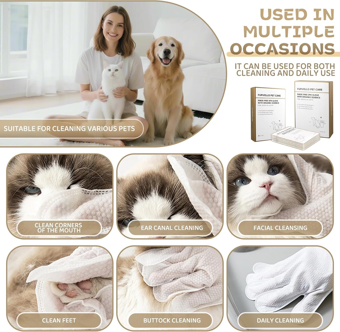 Pet Glove Wipes for Dogs and Cats 20 Count Dog Cleaning Wipes for Paws and Butt Waterless Dog Bath Wipes Hypoallergenic Fragrance Free with 10 Sealing Stickers and 5 Drying Towels