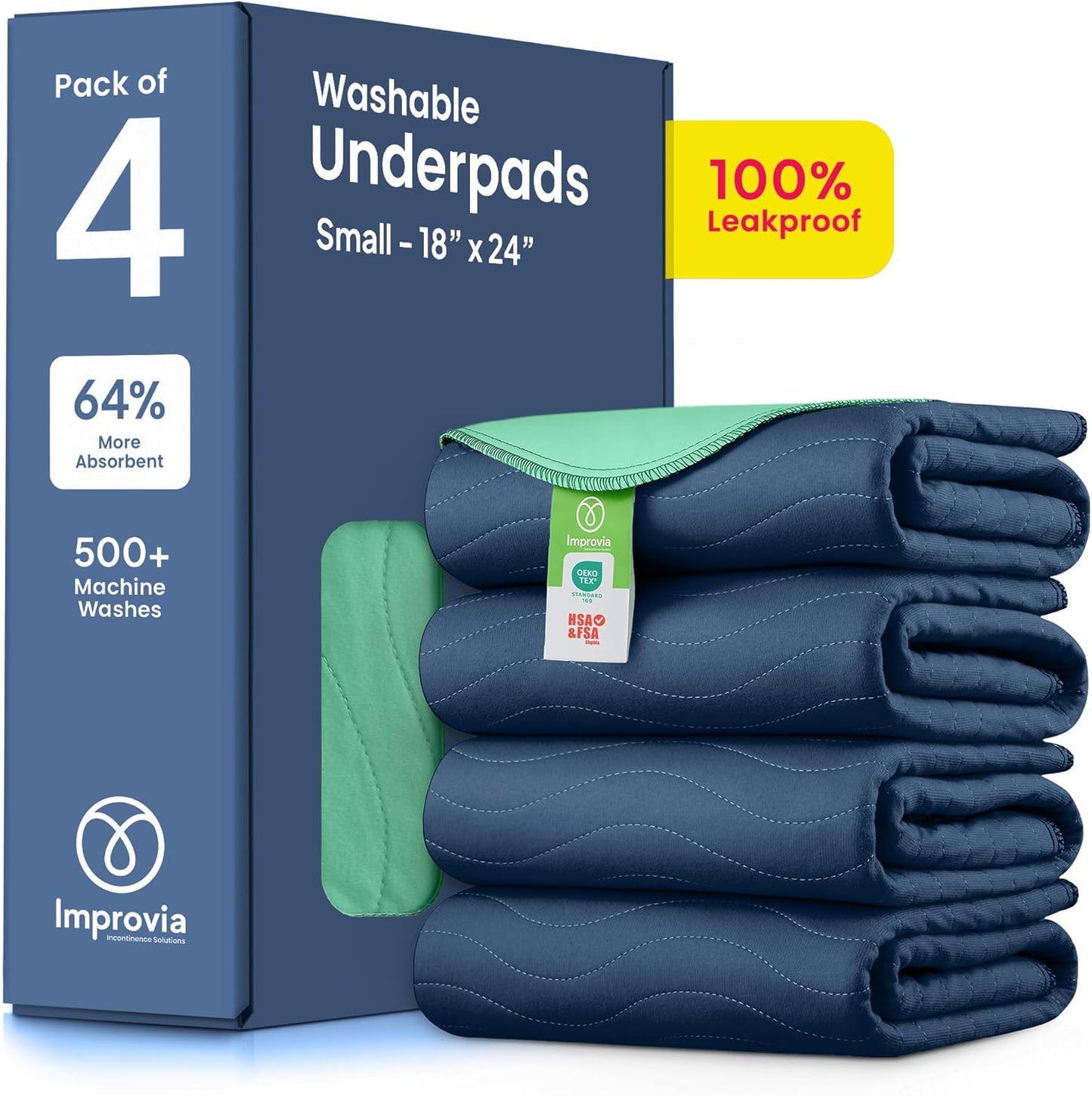 IMPROVIA® Washable Underpads, 34" x 36" (Pack of 4) - Heavy Absorbency Reusable Bedwetting Incontinence Pads for Kids, Adults, Elderly, and Pets - Waterproof Protective Pad for Bed, Couch, Sofa, Floor