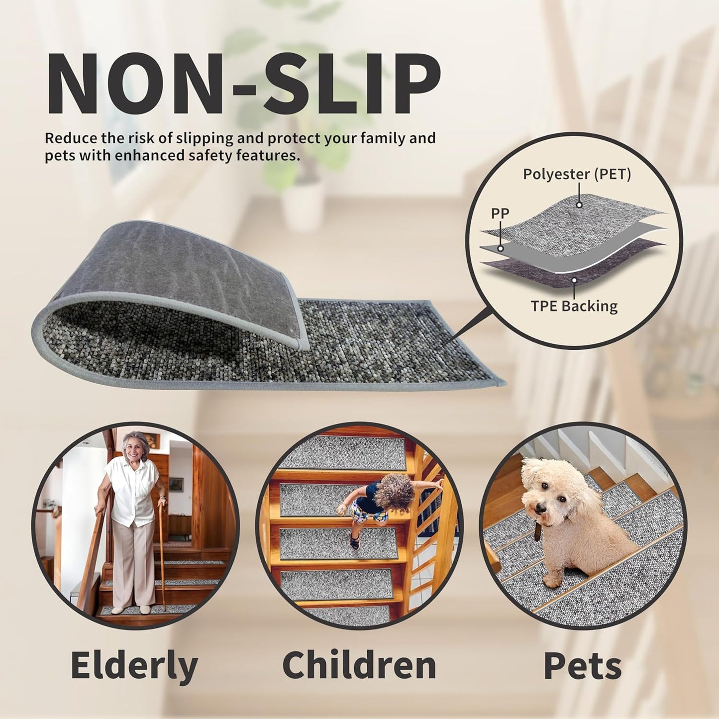 Non-Slip Stair Treads for Wooden Steps 15pcs,8"x30" Stair Carpet Treads for Indoor Use,Peel and Stick Stair Runners,Washable Reusable Adhesive Backing,Pet-Friendly Stair Capet for Kids,Elders,Dogs