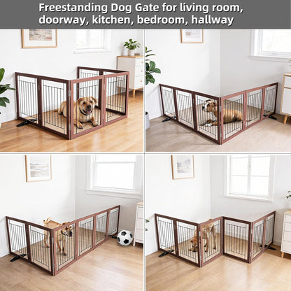 ZJSF Freestanding Dog Gate Indoor, Foldable Dog Fence for Doorways,Hallways or Stairs, Sturdy Wood Extra Wide Pet Gate with Support Feet,Black,24 "Height-3 Panels