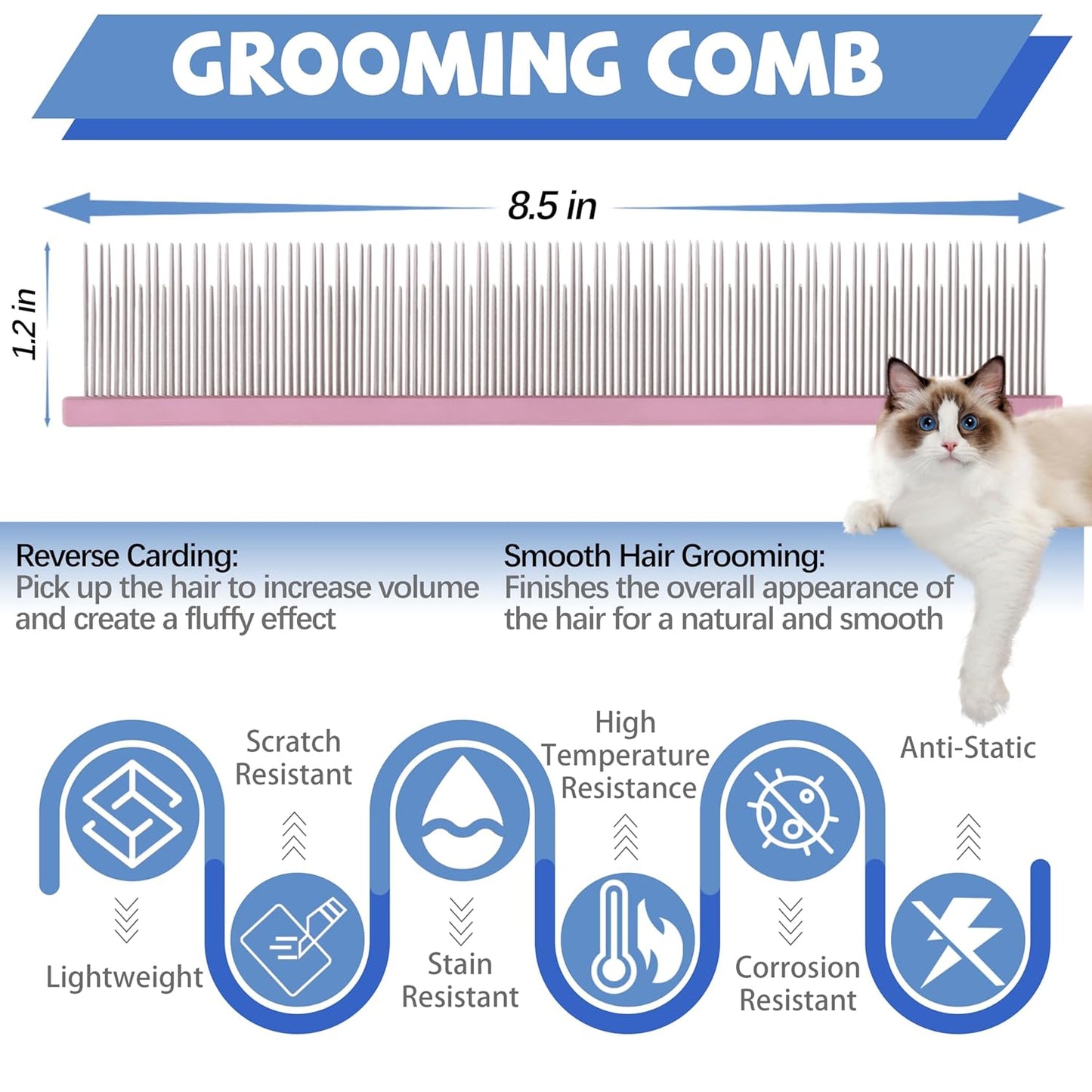8.5 Inch Dual Tooth Pet Comb for Mats and Tangles,Poratable Grooming Dematting Comb for Indoor Long-haired Cats and Dogs,Pet Family Supplies,Removing Tangles,Knots,Undercoat and Excess Hair