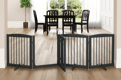 PUPETPO Freestanding Dog Gate with Door, Pet Gate for Stairs, 80 inch Wide Pet Barrier Indoor, Dog Fences Indoor, Support Feet Included, 4 Panels, 24" Tall, Dark Brown