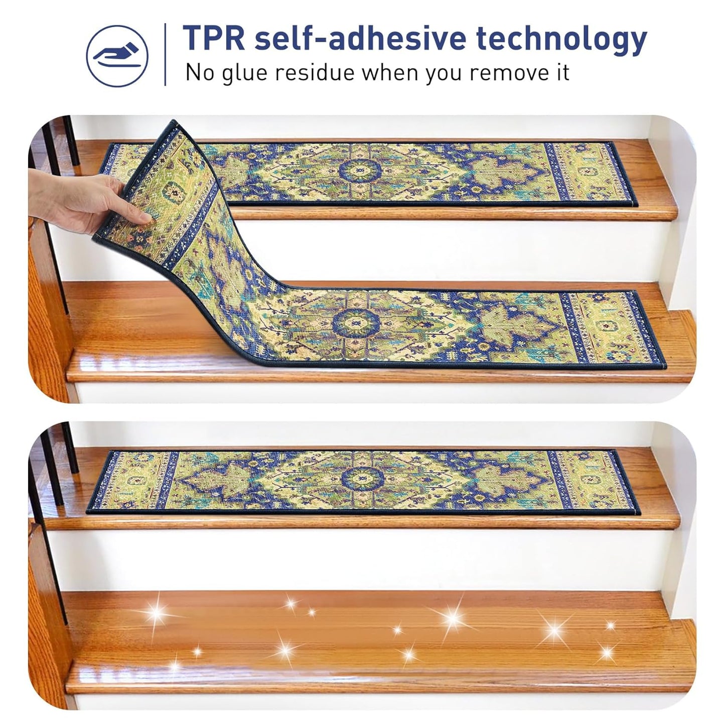 Stair Treads for Wooden Steps Indoor, 15 Pack 8" X 30" Non Slip Carpet Stair Treads with Reusable Adhesive for Kids Elders and Dogs, TPR Backing Stair Rugs Oriental Staircase Step Treads,Bohemia