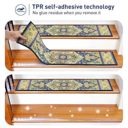 Stair Treads for Wooden Steps Indoor, 15 Pack 8" X 30" Non Slip Carpet Stair Treads with Reusable Adhesive for Kids Elders and Dogs, TPR Backing Stair Rugs Oriental Staircase Step Treads,Bohemia