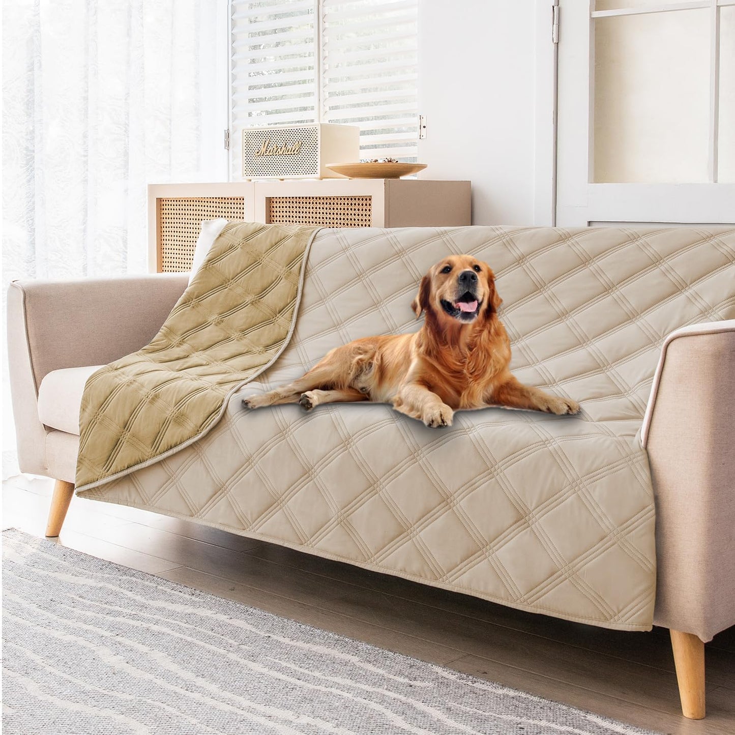 fuguitex Waterproof Dog Blanket, Pet Friendly Reversible Throw Essential for Small Dogs, Tear Resistant Leakproof Washable Couch Cushion Bed Protector Cover for Indoor Furniture（30"*70",Beige+Cream