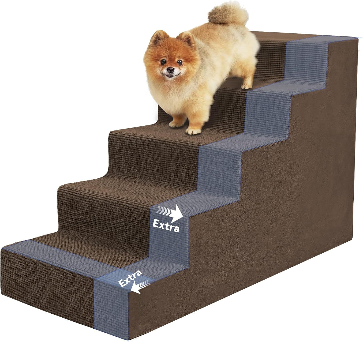 Niubya Dog Stairs for Small Dog and Cats,23”H Non-Slip Bottom Pet Steps for High Beds and Couch,Extra Wide High-Density Foam Pet Stairs Grey,5 Steps
