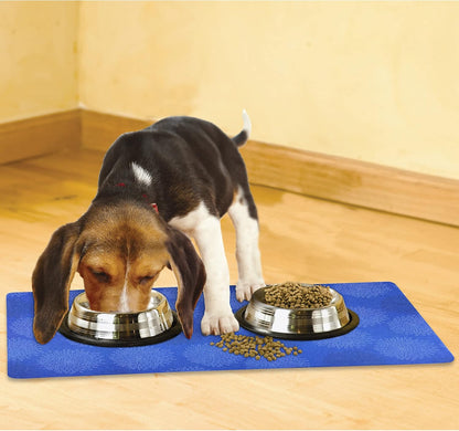 Drymate Pet Bowl Placemat, Dog & Cat Food Feeding Mat - Absorbent Fabric, Waterproof Backing, Slip-Resistant - Machine Washable/Durable (USA Made) (12” x 20”) (Indigo)