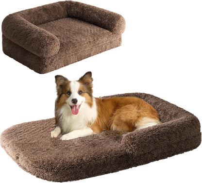 EHEYCIGA Foldable XXL Dog Bed for Large Sized Dog, 54"x38"x7.5" Faux Fur Fluffy Pet Couch Bed, Orthopedic Calming Memory Foam Big Pet Bed, Washable Pet Sofa Bed with Non-Slip Bottom, Dark Grey