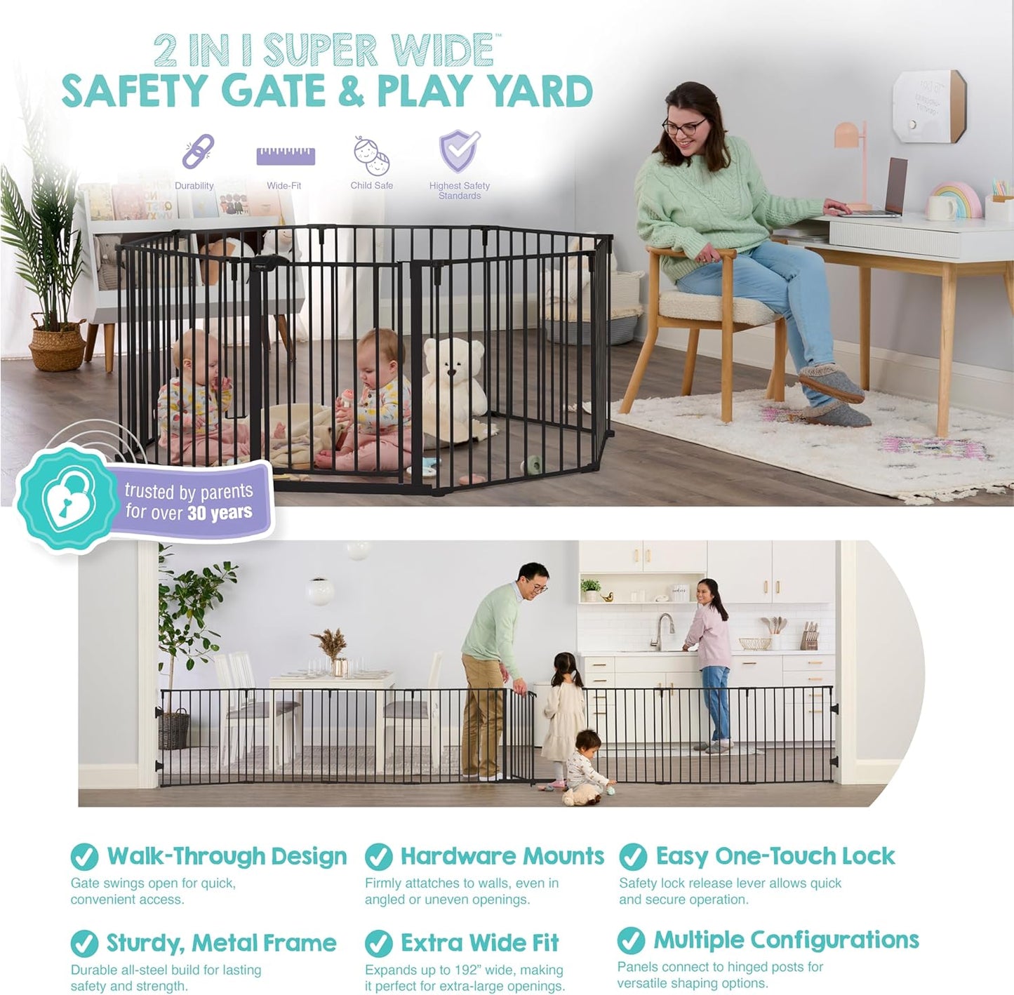 Regalo Safety 28"-76” Super Wide Configurable Baby Gate for Doorways & Open Spaces, 3-Panel Wall Mounted Safety Gate with Door for Babies, Toddlers & Pets, Includes Wall Mount Hardware