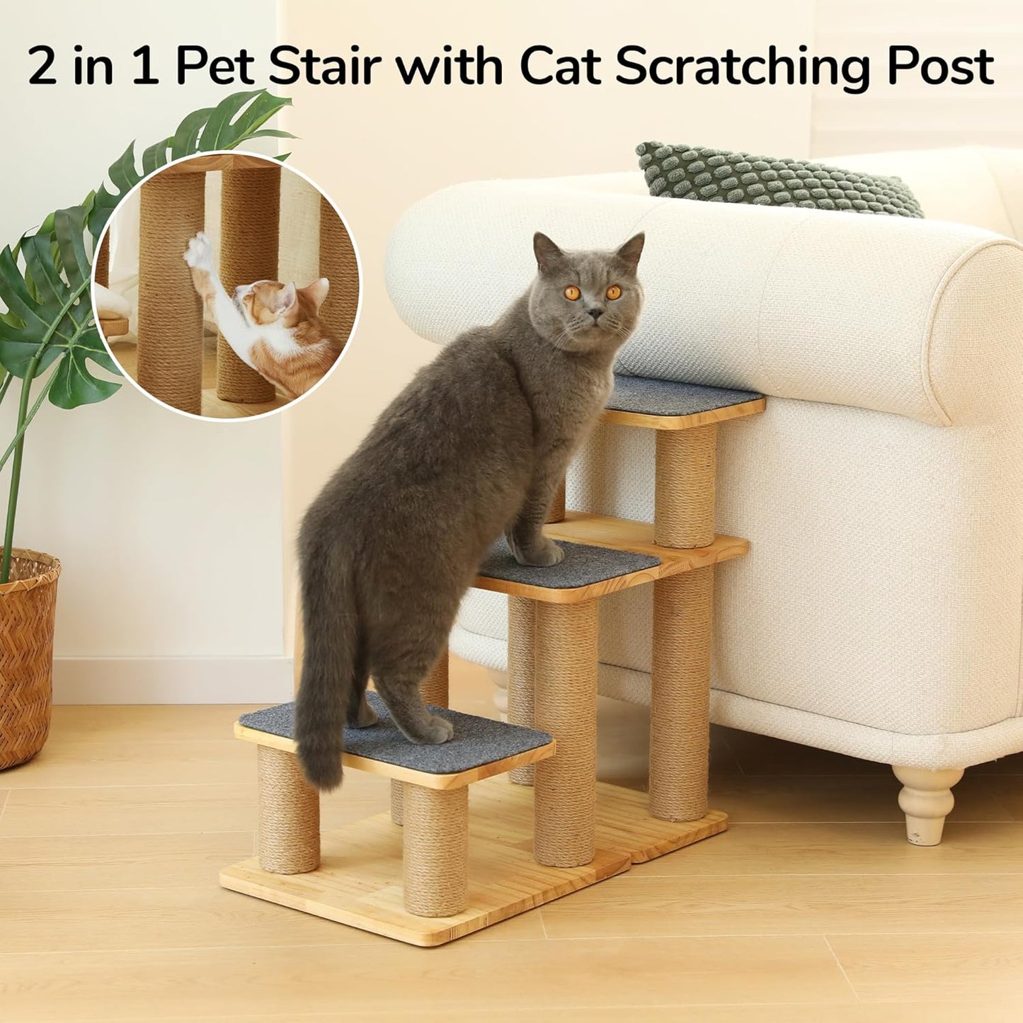 FUKUMARU 3-in-1 Pet Stairs, Retro-style Dog Steps for Cats and Small Dogs, Wooden Cat Stairs for High Bed with Scratching Post, Dog Ramp for Couch with Cat Condo Cave, Easy to Clean & Aesthetic Design