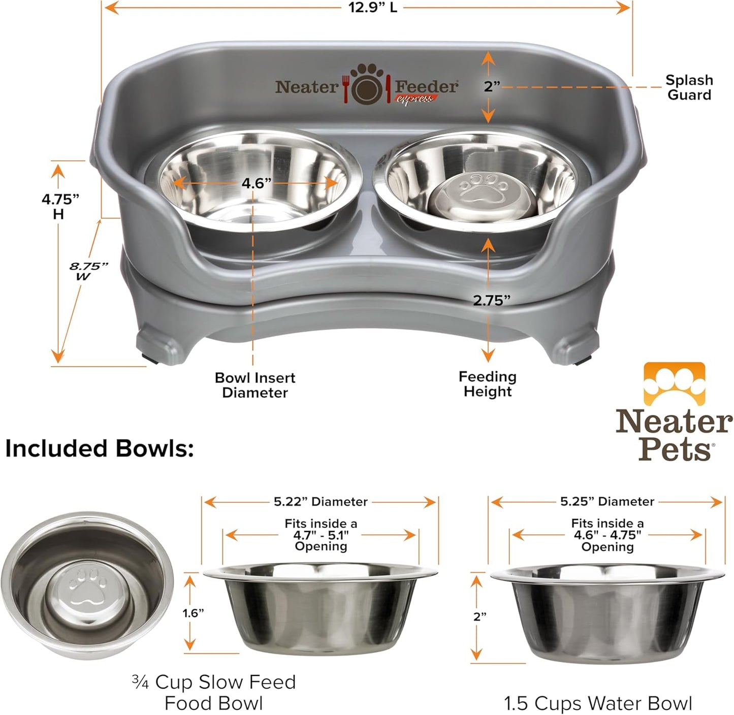 Neater Feeder Express Mess Proof Dog Bowls Elevated for Small Breeds under 15 Lb, Made in USA, No Spill Raised Dog Food Bowl Stand, Stainless Steel Food and Water Bowl Set, Feeding Station, Cappuccino