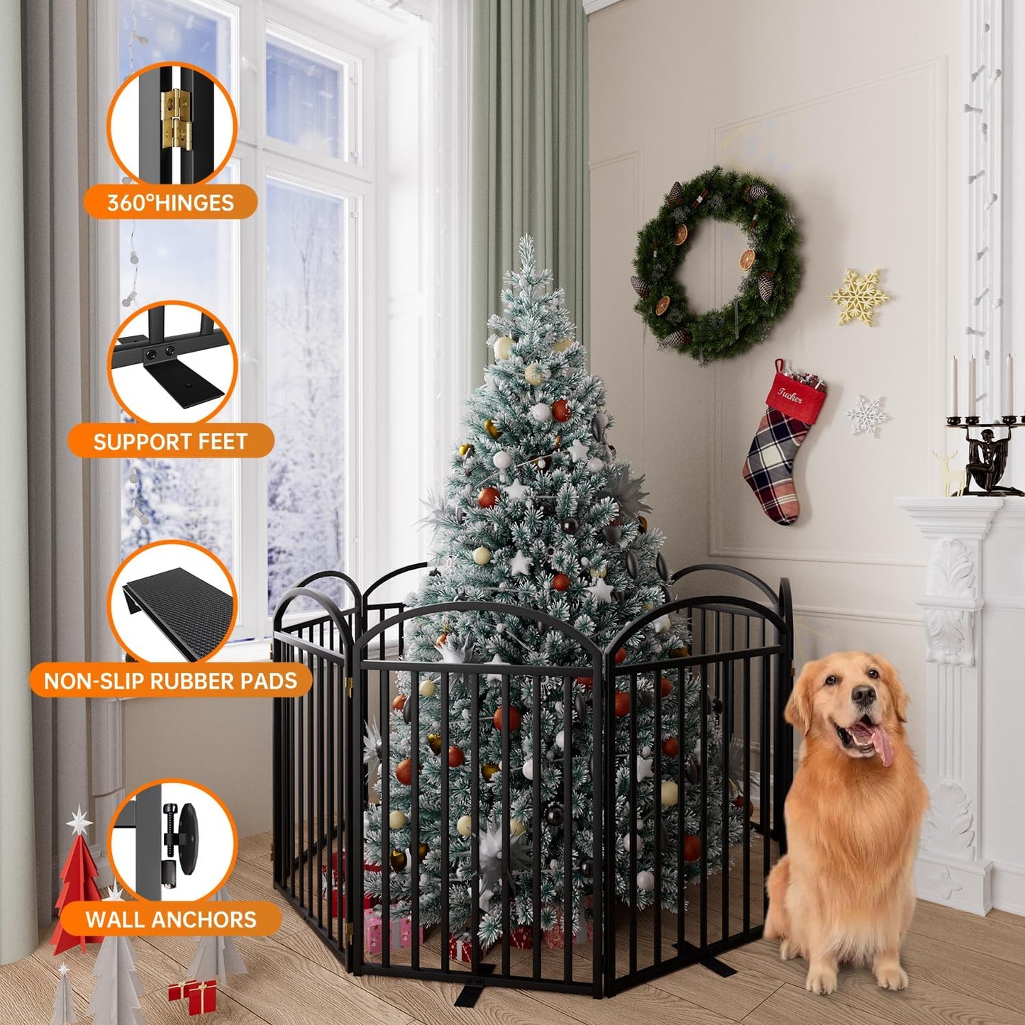 SNUOWU 4 Panels Full Matel Freestanding Dog Gates with Door, 96"Extra Wide 32"Tall Free Standing Dog Pet Gate for Indoor & Outdoor. Foldable Pet Fences for Doorways, House, Stairs, Porch, Deck, Yard