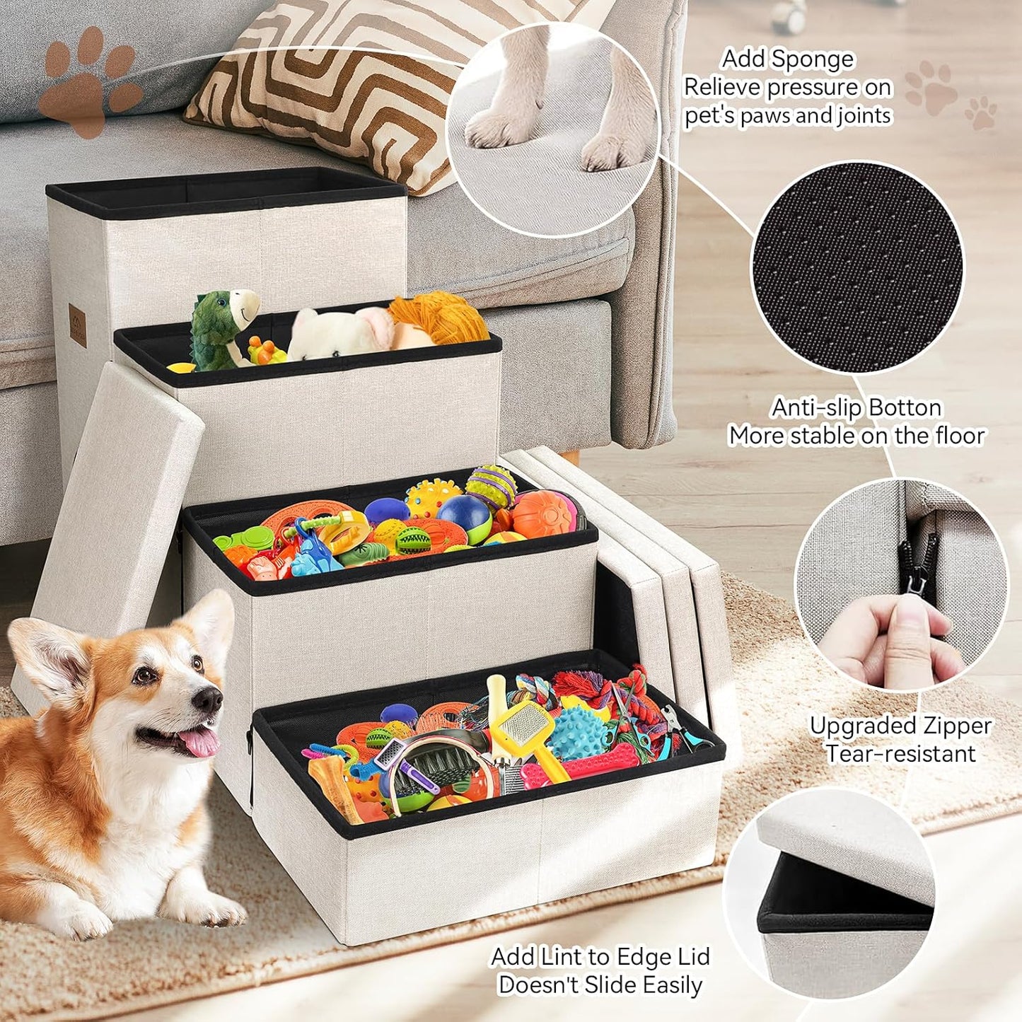 Zerbuger Wider Dog Ramp for High Bed with Storage 18" H, Foldable Dog Stairs for Small Medium Large Older Senior Animal, Sturdy Dog Step for Climbing Bed or Couch, Arthritis-Friendly (Gray, No Condo)