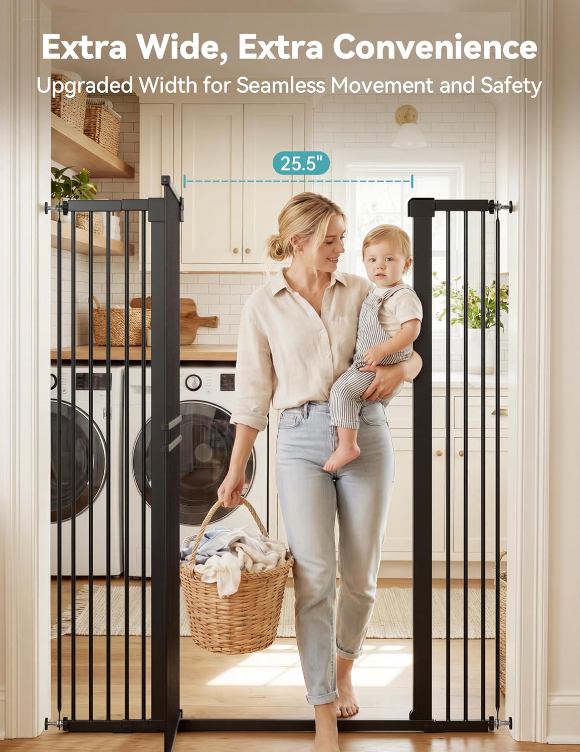 No Pawblems 55" Extra Tall Pet Gate for Cat/Dog, 29-40" Wide Auto Close Tall Dog Gate for Doorways/Hallways, 1.37" Ultra Narrow Spacing, NO Drilling Pressure Mounted, Black