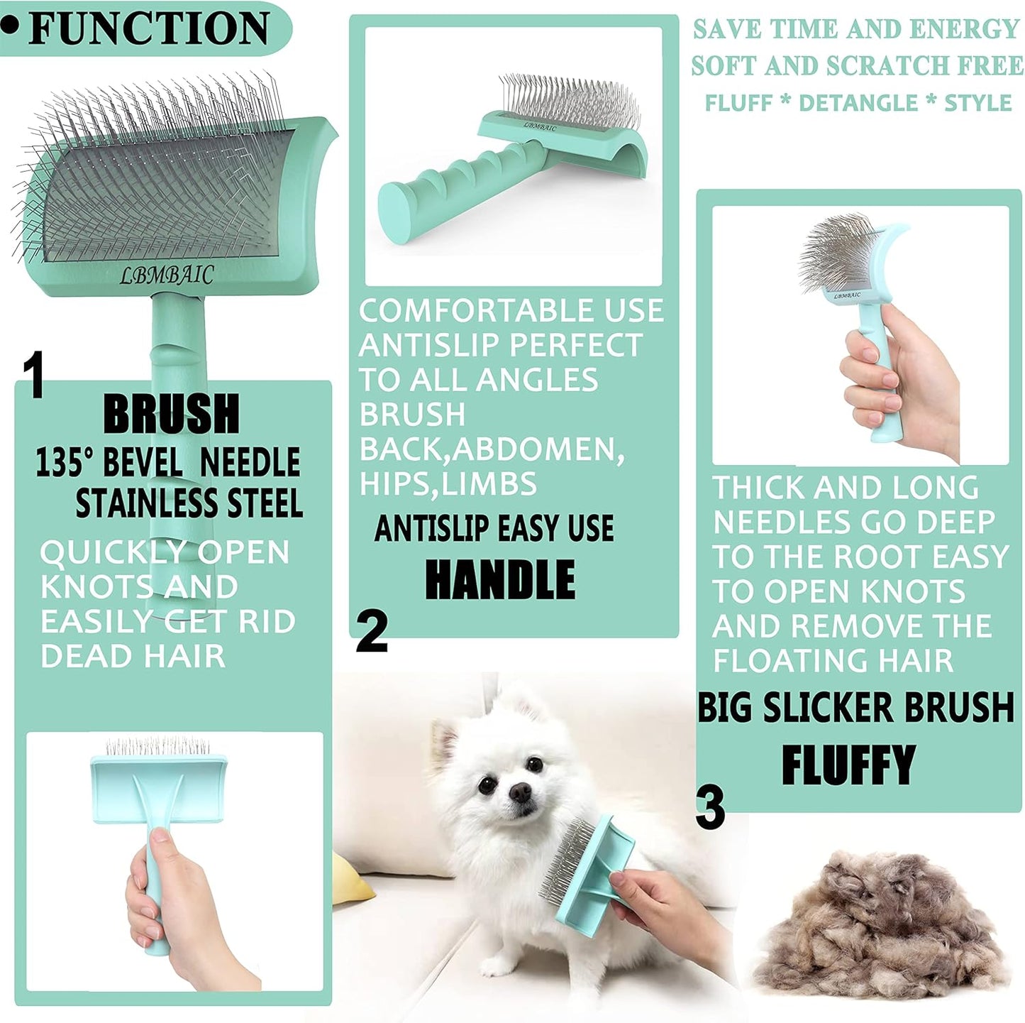 Slicker Brush for Poodles and Goldendoodles - Curved Brush for Thick, Fluffy, Shedding Fur on Dogs and Cats - Soft, Gentle Pins for Grooming (Blue)
