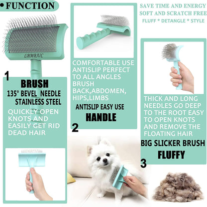 Slicker Brush for Poodles and Goldendoodles - Curved Brush for Thick, Fluffy, Shedding Fur on Dogs and Cats - Soft, Gentle Pins for Grooming (Blue)