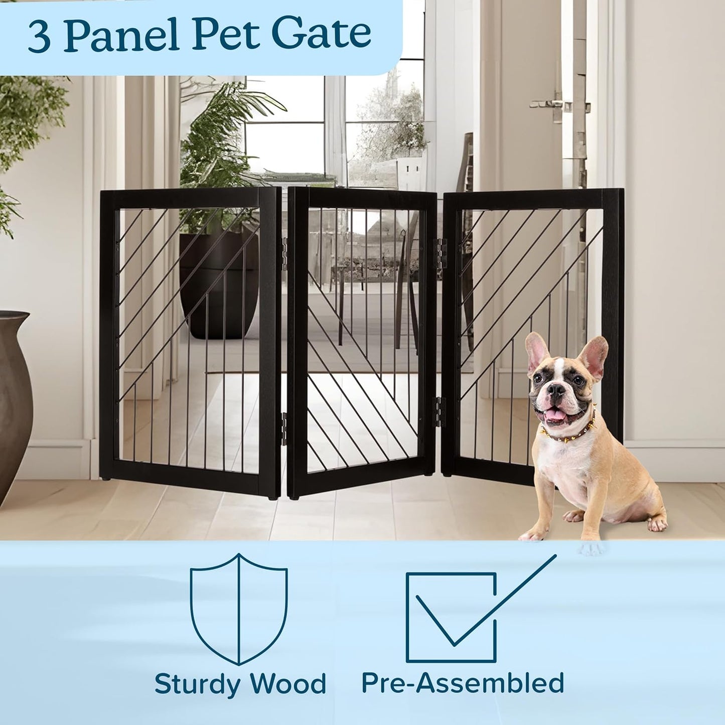 Pet Gate - 3-Panel Indoor Folding Dog Gate for Stairs or Doorways - 54x24-Inch Freestanding Pet Fence for Cats and Dogs by PETMAKER (Black)