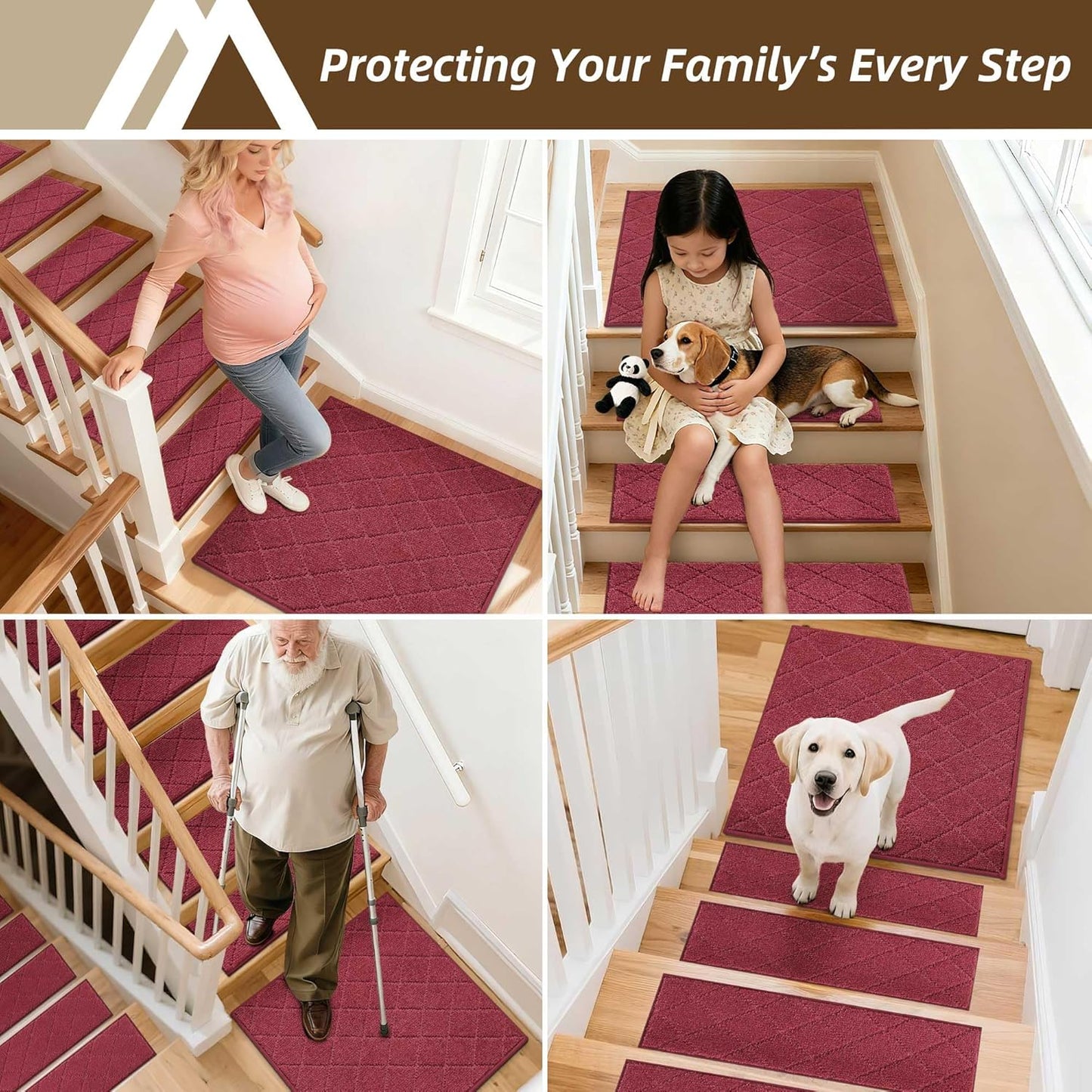 COSY HOMEER Edging Stair Treads Non-Slip Carpet Mat 28inX9in Indoor Stair Runners for Wooden Steps, Edging Stair Rugs for Kids and Dogs, 100% Polyester TPE Backing (7pc, Beige)