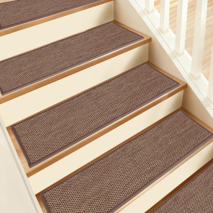 Natural Linen Non Slip Stair Treads, 15 Pack 8" X 30" Carpet Stair Treads with Reusable TPE Adhesive Backing, Non Slip Stair Runner Indoor for Kids Elders and Pets, Machine Washable, Brown Weave
