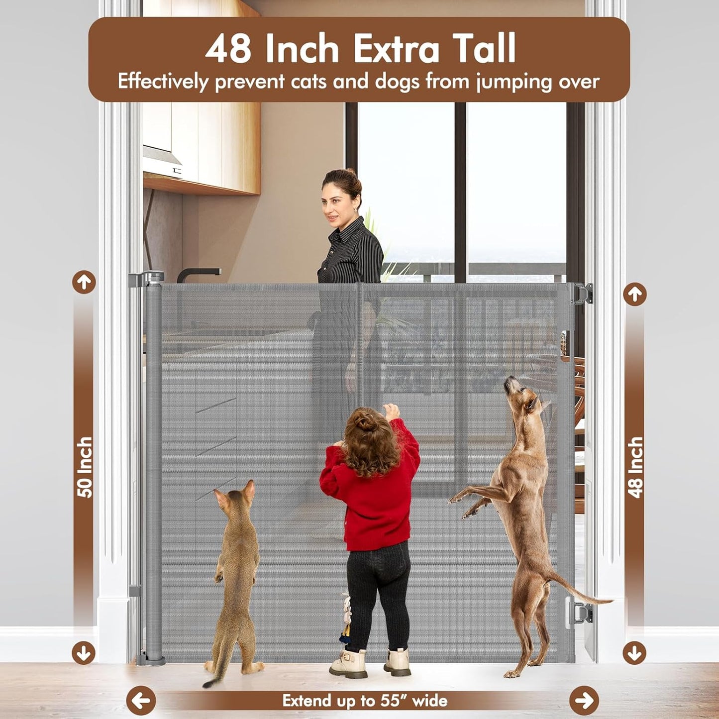 Reinforced 48" Extra Tall Pet Gate with Support Rods, 4 Ft Tall Retractable Baby Gates for Doorways 55" Wide Mesh Dog Gate Indoor Outdoor - Prevent Baby/Pet from Jumping Over, Black