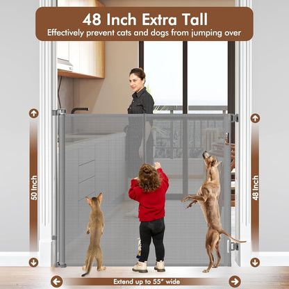 Reinforced 48" Extra Tall Pet Gate with Support Rods, 4 Ft Tall Retractable Baby Gates for Doorways 55" Wide Mesh Dog Gate Indoor Outdoor - Prevent Baby/Pet from Jumping Over, Black