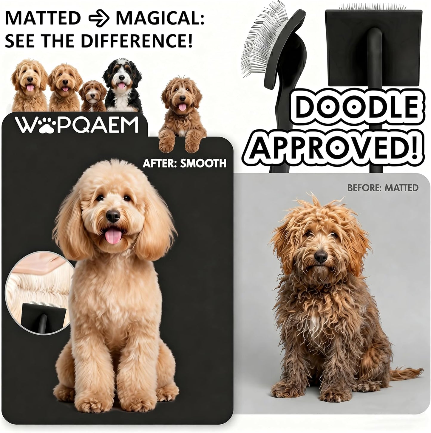 Slicker Brush for Doodles and Poodles - 2-Piece Solid Wood Dog Grooming Set with Extra Long Pin Dematting Tool and Metal Comb for Curly, Matted & Thick Hair, Purple