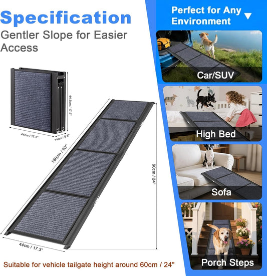 COSIEST Dog Ramp for Car, 63" L x 17.3" W Folding Pet Ramp for Large Dogs Up to 250LBS, Portable Dog Steps with Non-Slip Surface for SUV, Bed, Couch