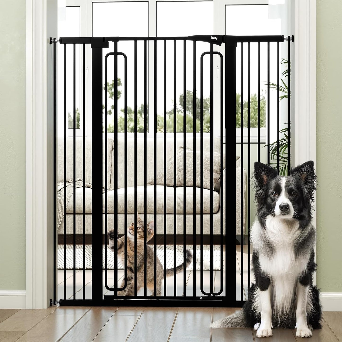 keny 29.7"-46" Baby Gate for Stairs, Auto Close Dog Gates for Doorways, Pressured Mounted No Drilling Pet Gate Extra Wide, One-Hand Opening Dual Lock Stair Gate, Indoor Kids Necessities, Black