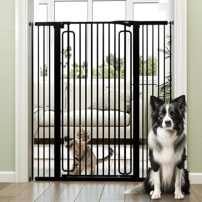 keny 29.7"-46" Baby Gate for Stairs, Auto Close Dog Gates for Doorways, Pressured Mounted No Drilling Pet Gate Extra Wide, One-Hand Opening Dual Lock Stair Gate, Indoor Kids Necessities, Black