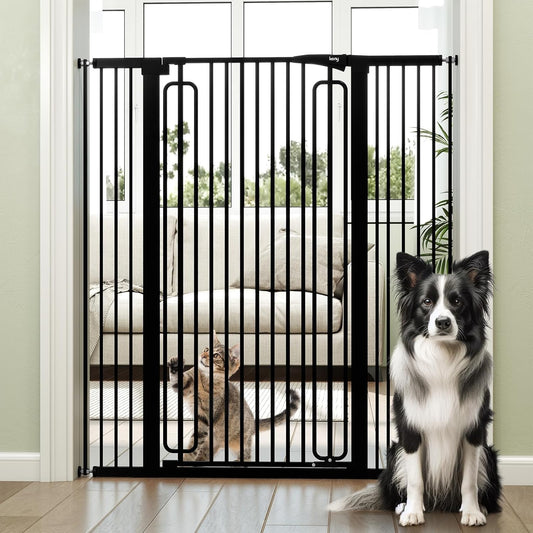 keny 29.7"-46" Baby Gate for Stairs, Auto Close Dog Gates for Doorways, Pressured Mounted No Drilling Pet Gate Extra Wide, One-Hand Opening Dual Lock Stair Gate, Indoor Kids Necessities, Black