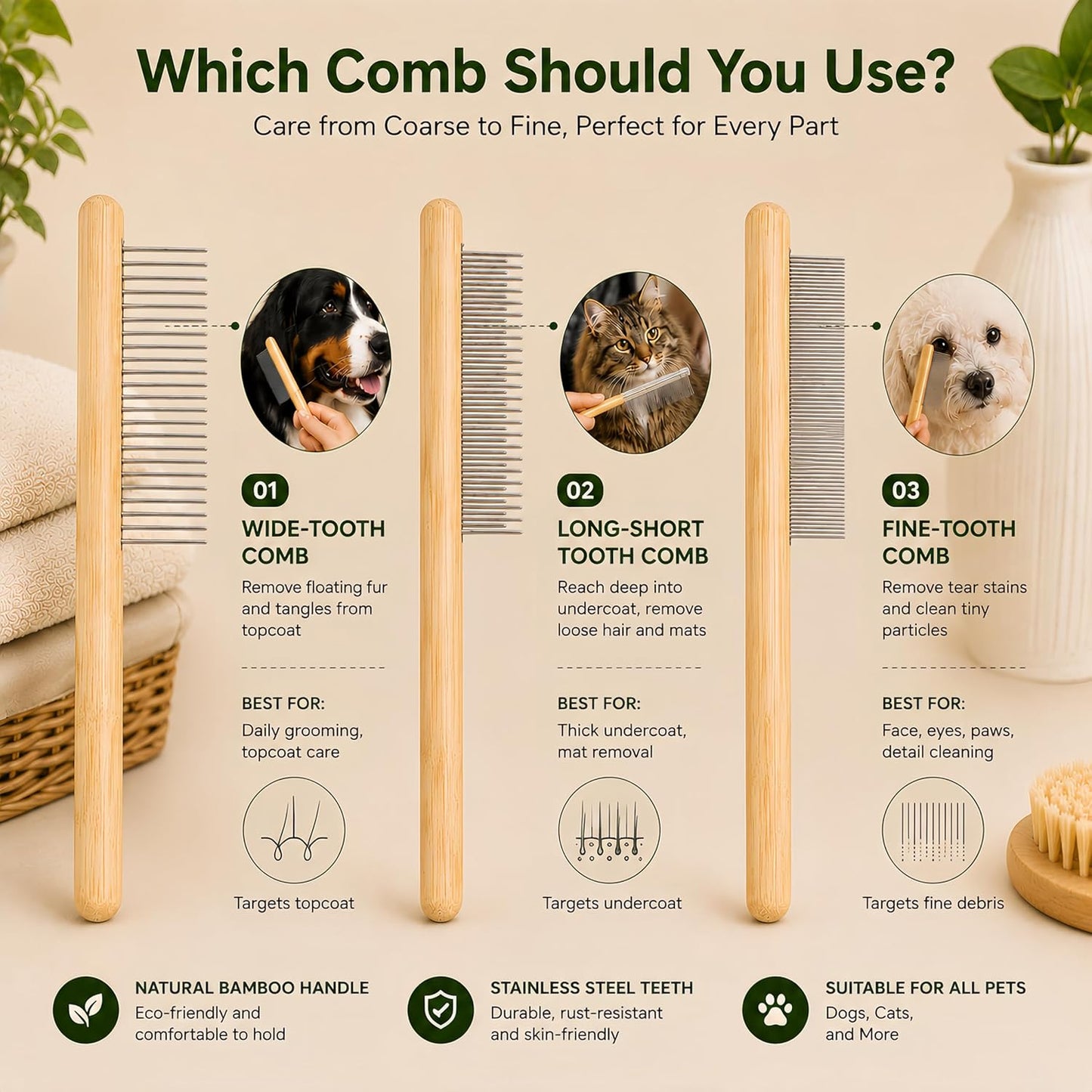Bamboo Pet Grooming Kit for Medium to Long Haired Cats & Dogs, 4-in-1 Dematting Comb Set with Undercoat Rake, Detangling & Deshedding Tools, Fine/Wide Tooth Combs for Indoor Pets