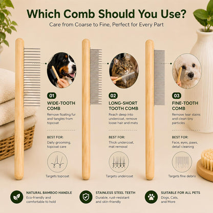 Bamboo Pet Grooming Kit for Medium to Long Haired Cats & Dogs, 4-in-1 Dematting Comb Set with Undercoat Rake, Detangling & Deshedding Tools, Fine/Wide Tooth Combs for Indoor Pets