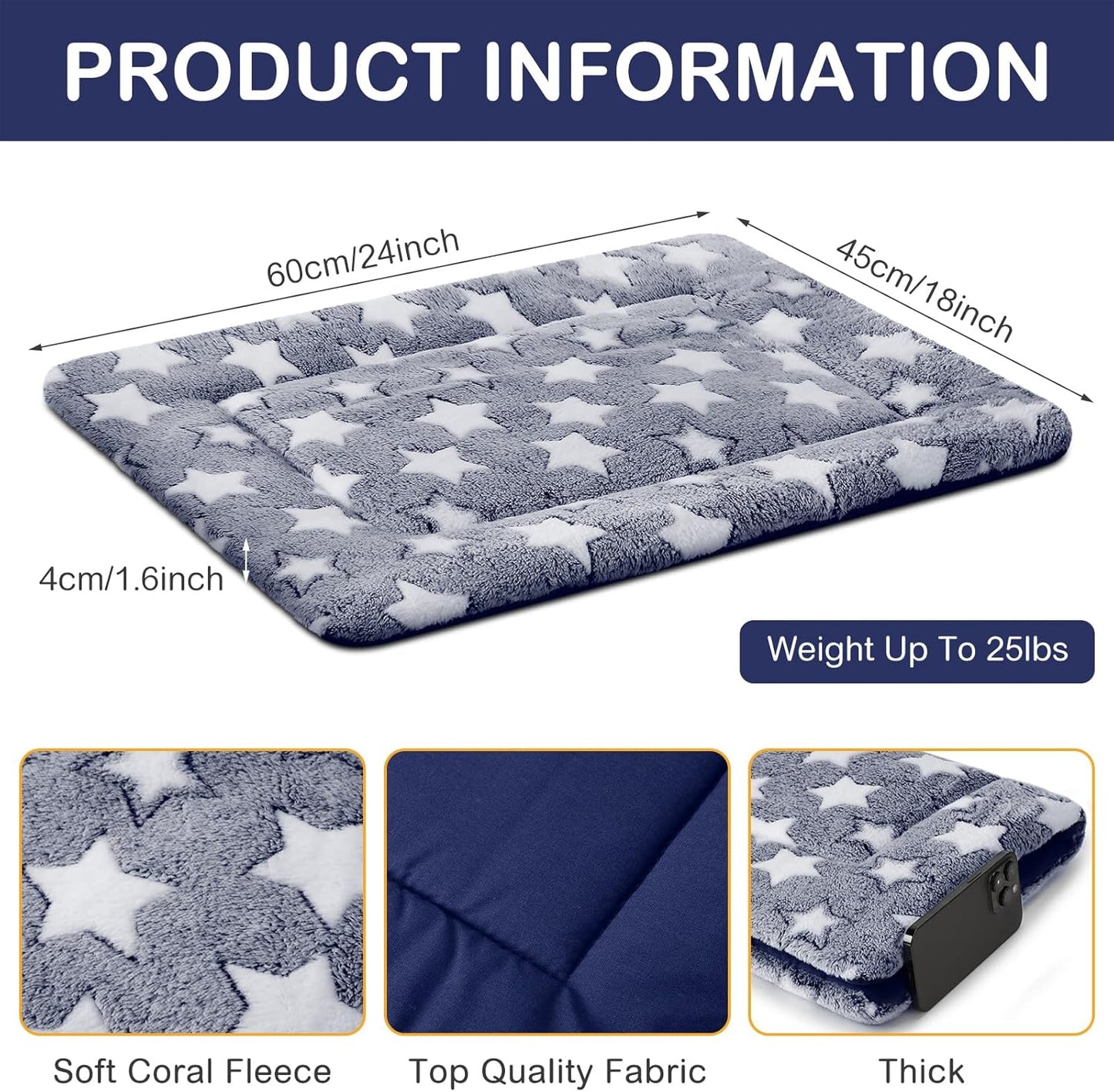 VitalCozy 4 Pcs Dog Crate Pads, Ultra Soft Warm Washable Anti-Slip Kennel Bed Mat for Pets, Reversible, Replaceable, Cage Liner for Small Medium Large Dogs and Cats (18 x 24 x 1.6 Inch,Star,Gray)