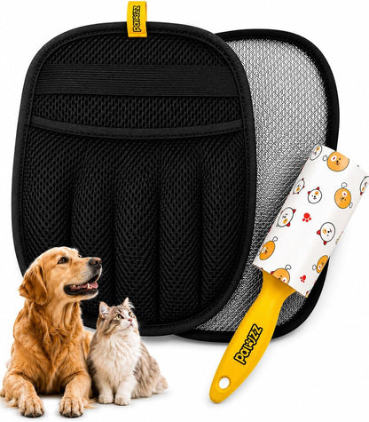 PAWZZ Shed Happens Pet Hair Removal Glove for Dogs & Cats, Great for Deshedding & Removing Fur from Couch, Carpet, Car Seats & Clothing, with Bonus Lint Roller