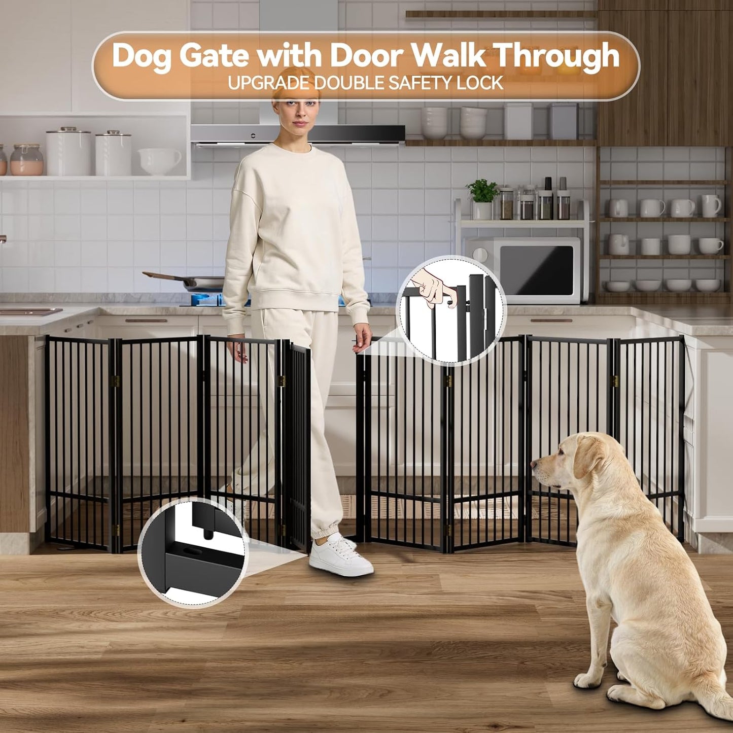 SNUOWU Full Metal Freestanding Dog Gate with Door, 32''Height Foldable Pet Dog Fence for Indoor & Outdoor, 4 Panels Extra Wide Free Standing TallDog Gates for Doorways,House,Stairs,Porch,Deck,Yard