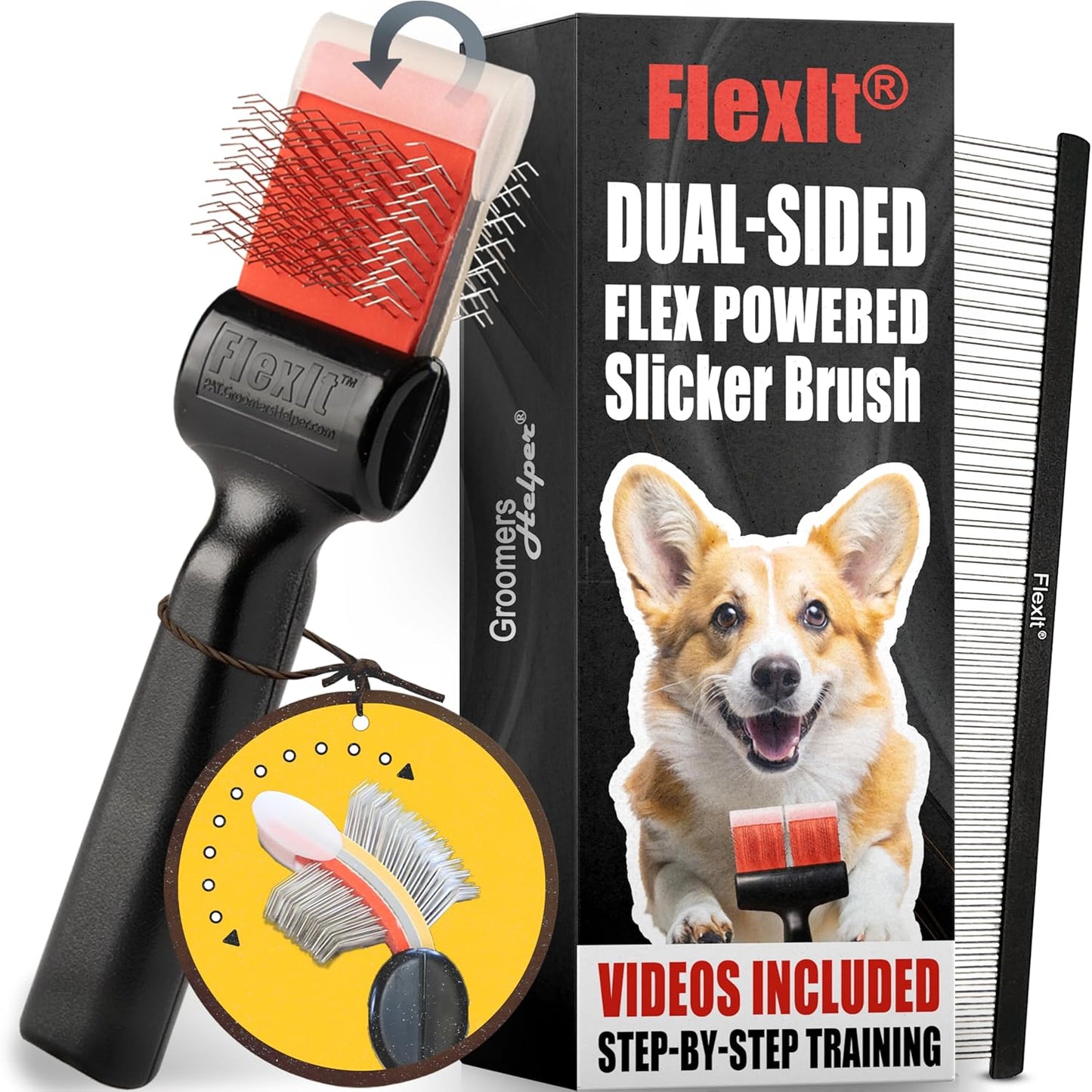 FlexIt Home - Flexible Slicker Brush for Dogs - Dog Grooming Brush for Poodles, Golden Doodles, Huskies, Retrievers, and Labradoodles - Professional 3-in-1 System & Video Trainings (Single, Soft Flex)