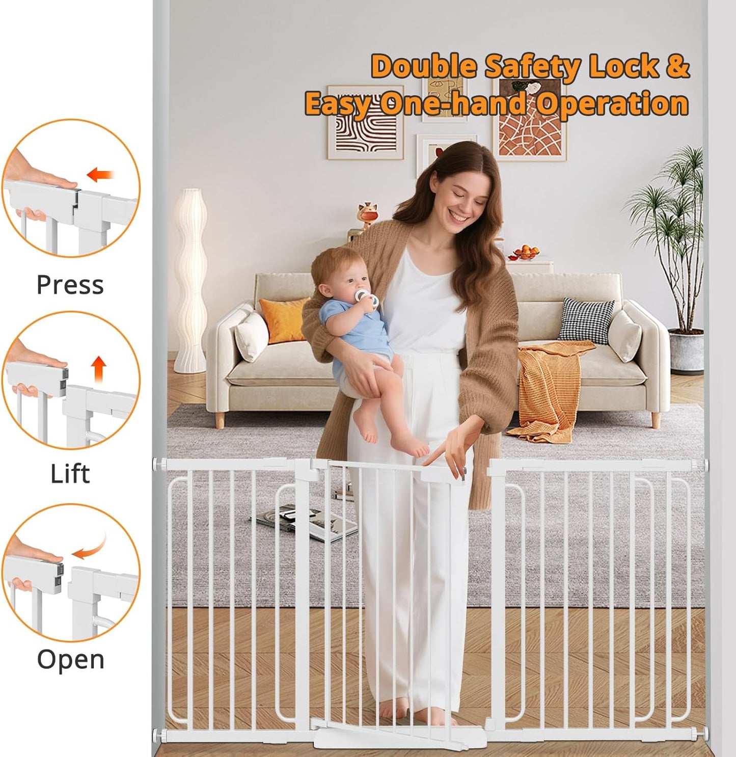Extra Wide Baby Gate with Door 53.4-62 Inch Pressure Mounted, Auto Close Child Baby Gates for Doorways No Drill, Walk Through Dog Gate Indoor for The House, White