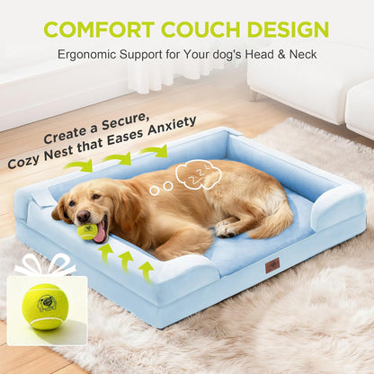 Extra Large Dog Bed, Orthopedic XL Washable Memory Foam Bed for Big Dogs Waterproof Pet Couch Sofa Bolster with Removable Cover, Non-Slip Bottom, Tennis Ball Toy, 42x30