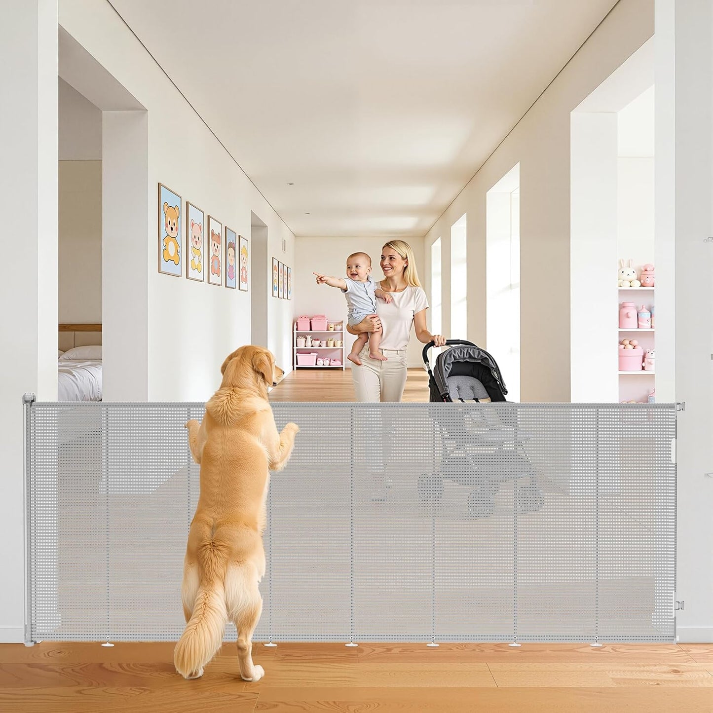 Retractable Baby Gate for Stairs, 42" Tall X 200" Wide Mesh Dog Gate Indoor, Child Gate for Doorways, Hallways, Deck, Indoor Outdoor Pet Baby Safety Essentials for Home, Black