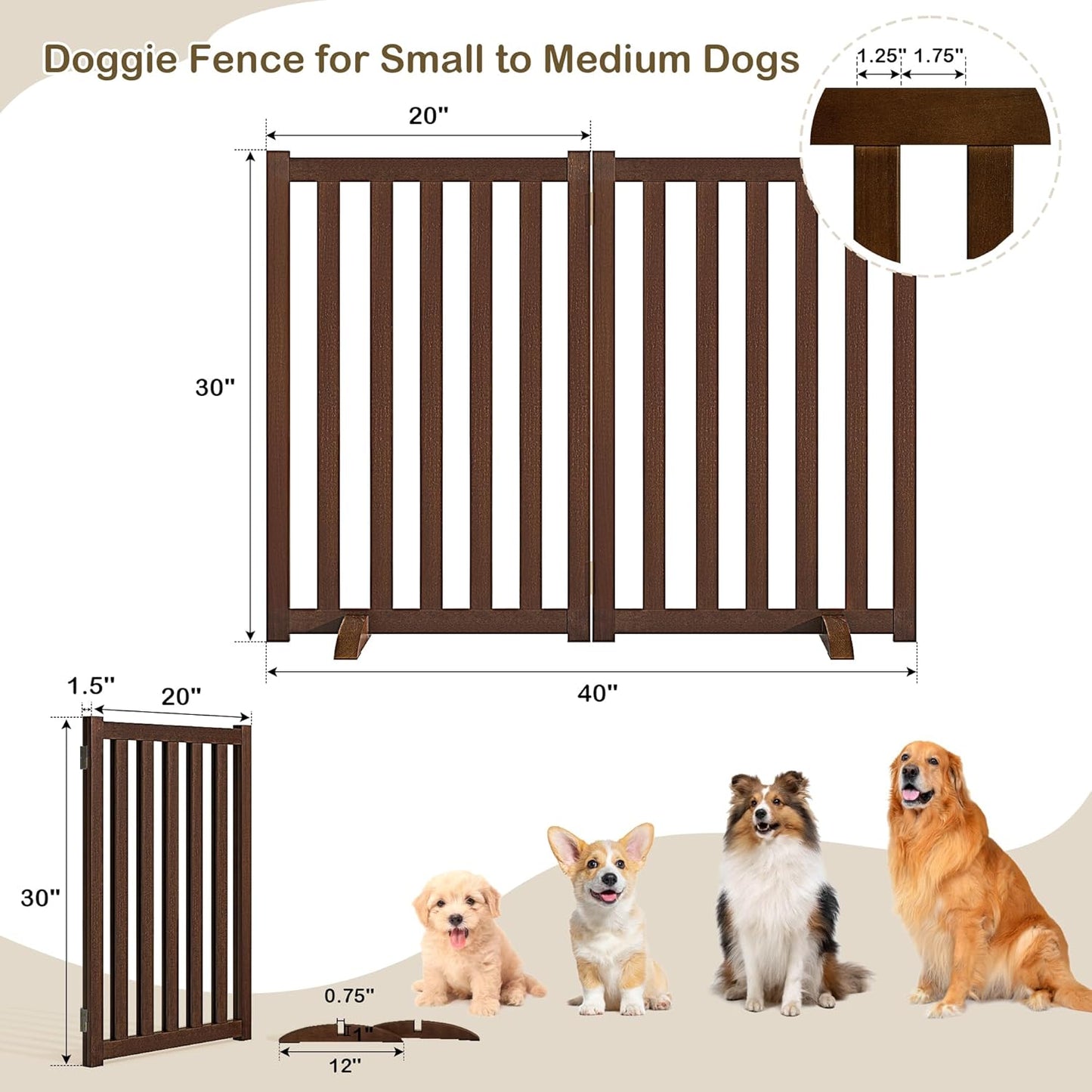 36" Height Extra Tall Freestanding Pet Gate, Solid Wood Folding Safety Fence Wooden Dog Gate with 2 PCs Support Feet Ideal for Stairs, Doorways, Halls, Kitchens, Heavy Duty Gates, 3 Panels, Oak