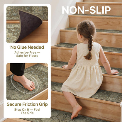 sarben Non Slip Stair Treads for Wooden Steps 15PCS - 8"x30" Indoor Safety Carpet, Edging Mats with TPE Adhesive Backing, Pet and Elderly Friendly Stair Rugs (Taupe) - Colors A