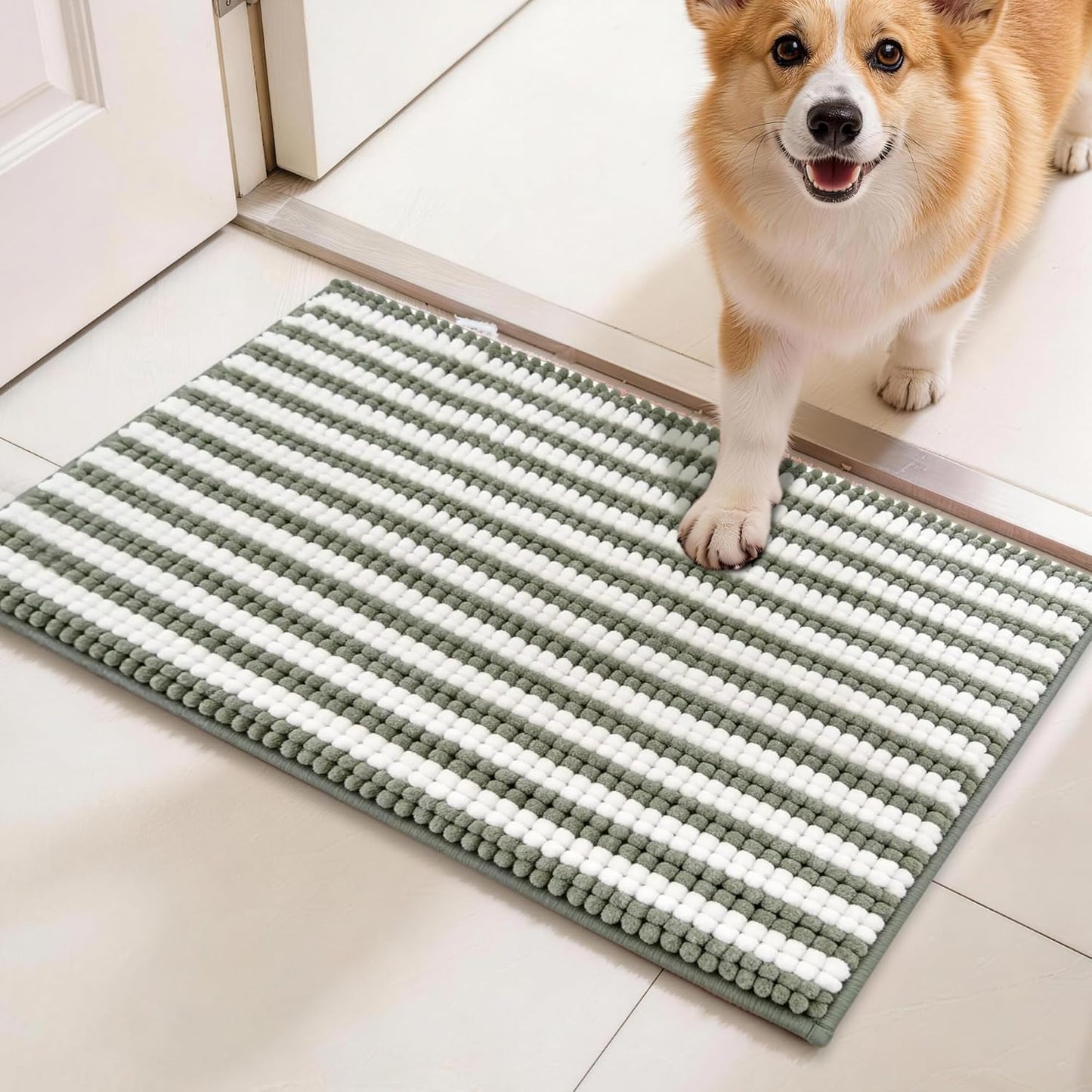 pobopobo Dog Door Mat for Muddy Paws - Absorbent & Washable Chenille Rug, Non-Slip Dirt Trapper for Indoor Outdoor Entryway, Quick Dry Pet Mat for Muddy Dogs (Striped Gray-Blue&White, 24" x 16")