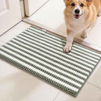 pobopobo Dog Door Mat for Muddy Paws - Absorbent & Washable Chenille Rug, Non-Slip Dirt Trapper for Indoor Outdoor Entryway, Quick Dry Pet Mat for Muddy Dogs (Striped Gray-Blue&White, 24" x 16")