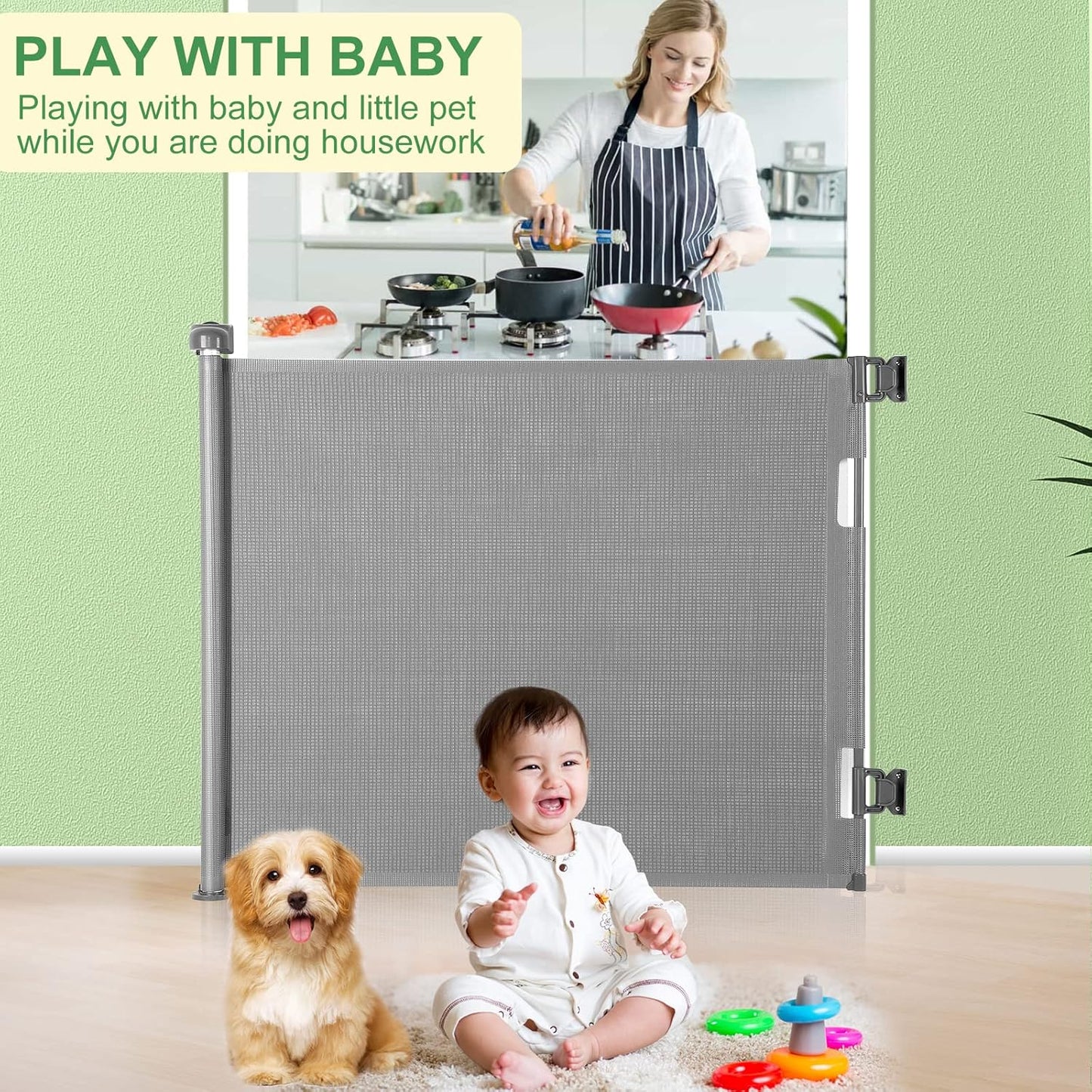Upgraded Retractable Baby Gate, Extra Wide Safety Kids or Pets Gate, 33” Tall, Extends to 71” Wide, Mesh Safety Dog Gate for Stairs, Indoor, Outdoor, Doorways, Hallways(33”x71”, Black)