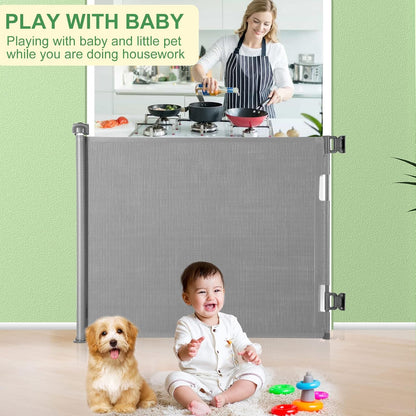 Upgraded Retractable Baby Gate, Extra Wide Safety Kids or Pets Gate, 33” Tall, Extends to 71” Wide, Mesh Safety Dog Gate for Stairs, Indoor, Outdoor, Doorways, Hallways(33”x71”, Black)